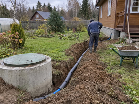 Труба водопровода из колодца уложена в траншею к дому