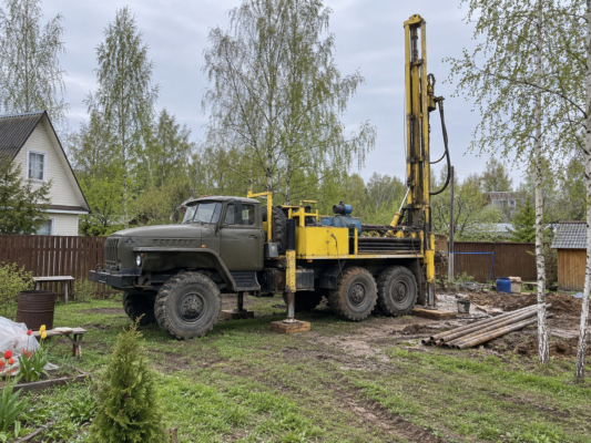 Буровая машина на базе грузовика заезжает на участок
