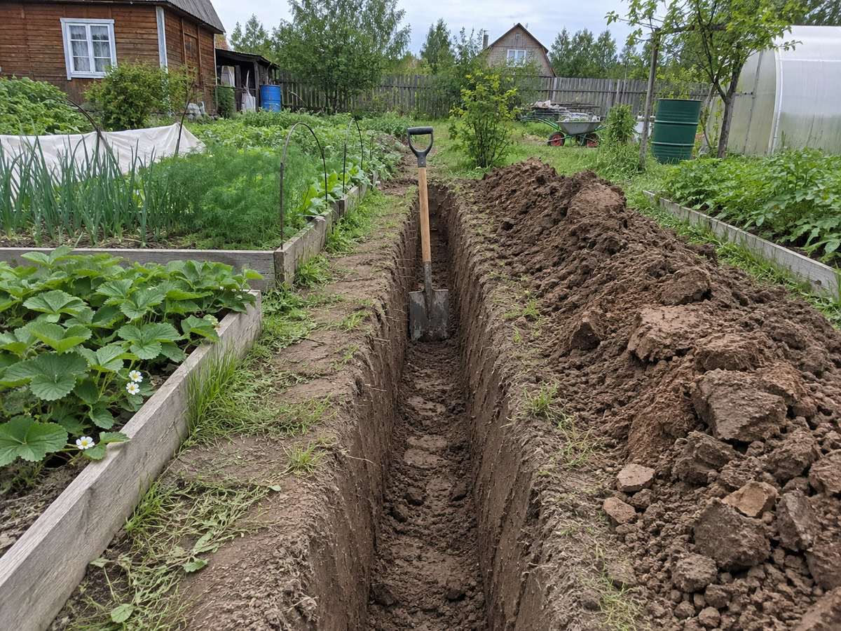 Ручная копка узкой траншеи лопатой между грядками